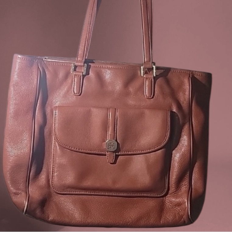 Tory Burch Pink Brown Leather Tote With Front Pocket. Classy! Timeless!